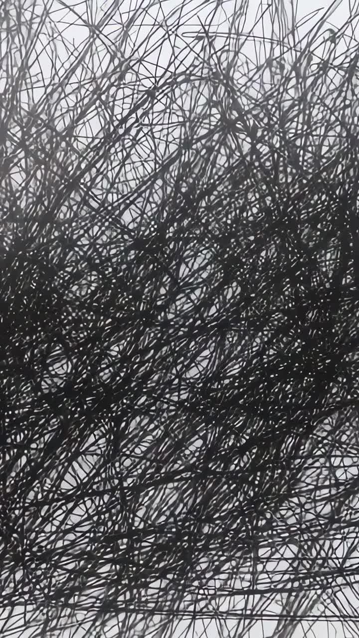 Vertical video: Static black lines remaining unchanged on white surface, conveying chaotic network