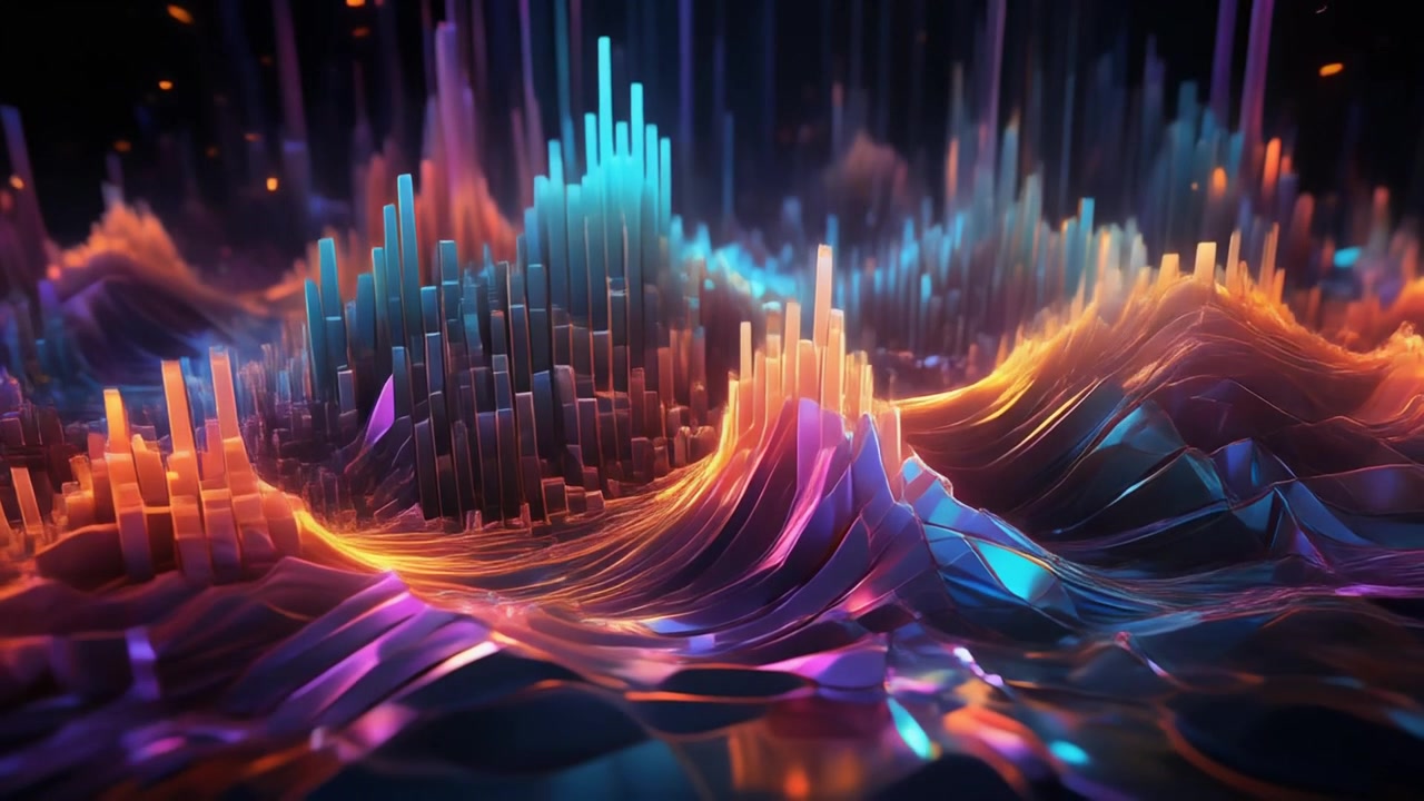Abstract Digital Data Visualization with Glowing Neon Bars and Waves