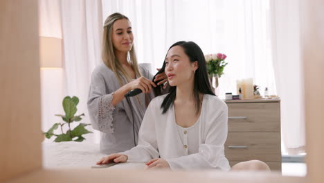 Relax,-friends-and-talk-in-bedroom-with-hair