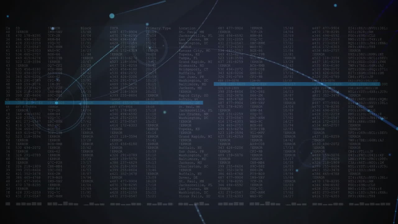 Digital columns shifting under highlighted rows while glowing lines streaming over interface