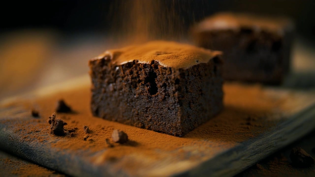 Kakaopulver drysses over en fersk sjokoladebrownie