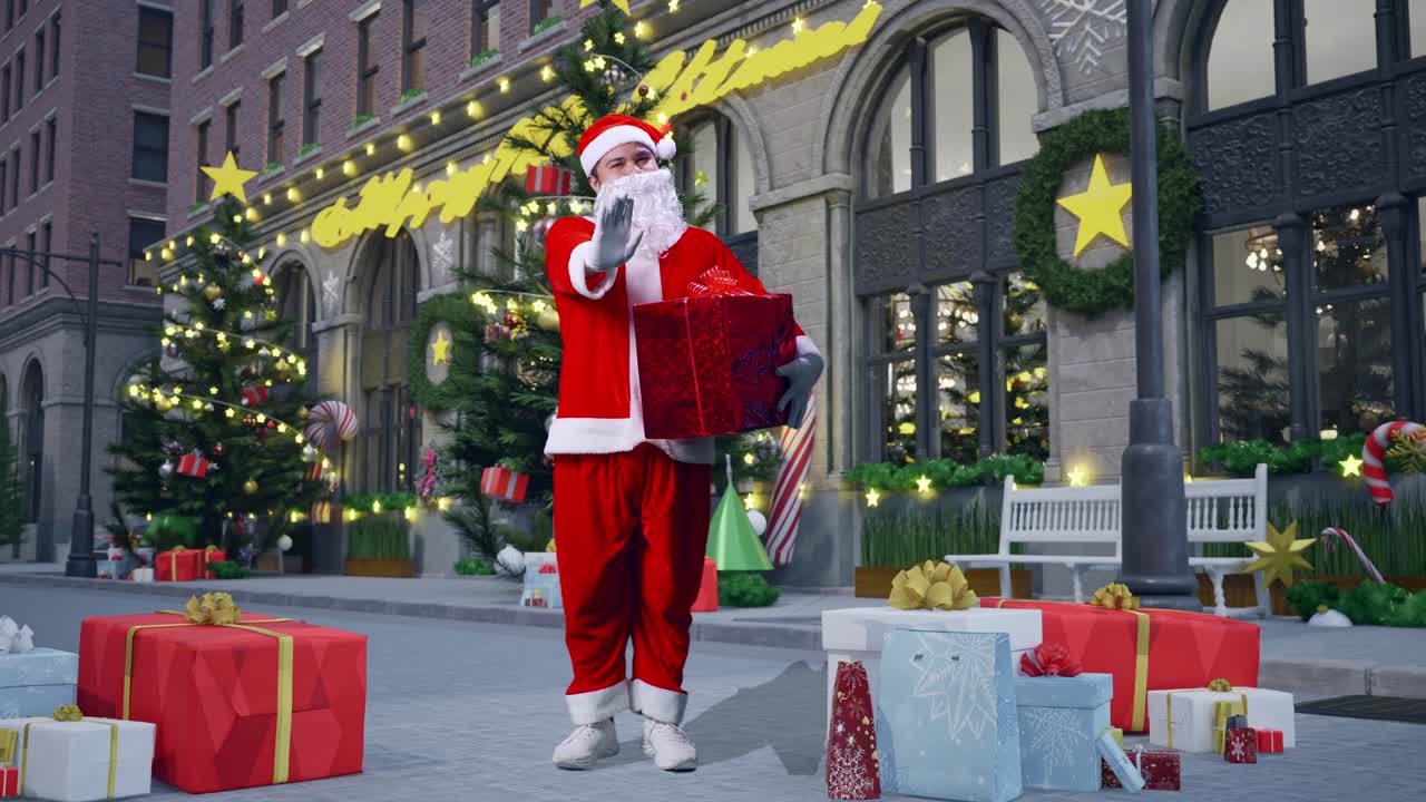 크리스마스 밤에 서 있는 동안 선물 상자를 들고 있는 아시아 산타클로스의 몸이 가득 차 있습니다.