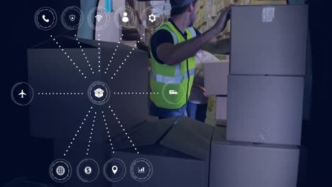 Animación-Del-Procesamiento-De-Datos-Con-íconos-Sobre-Un-Repartidor-Caucásico-Con-Cajas