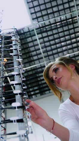 sexy woman choosing eyeglasses from the stand at optical store. beautiful woman turning stand with stylish spectacles. optics. ophthalmology. vertical video