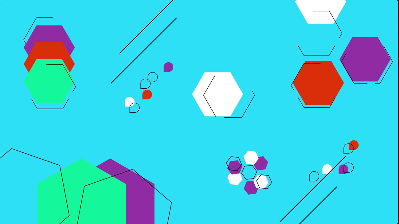 Dynamisk abstrakt animation med farverige geometriske former på blå baggrund