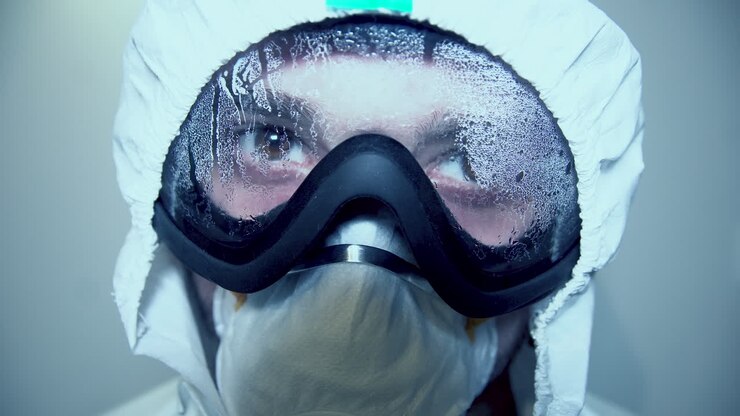 Volto di operatore sanitario con equipaggiamento protettivo: mascherina, occhiali. Concetto di malattia Covid-19.