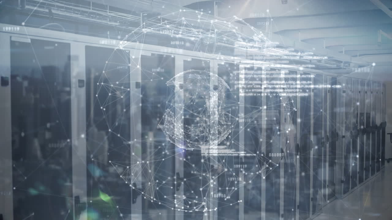 Globe of network of connections spinning against server room