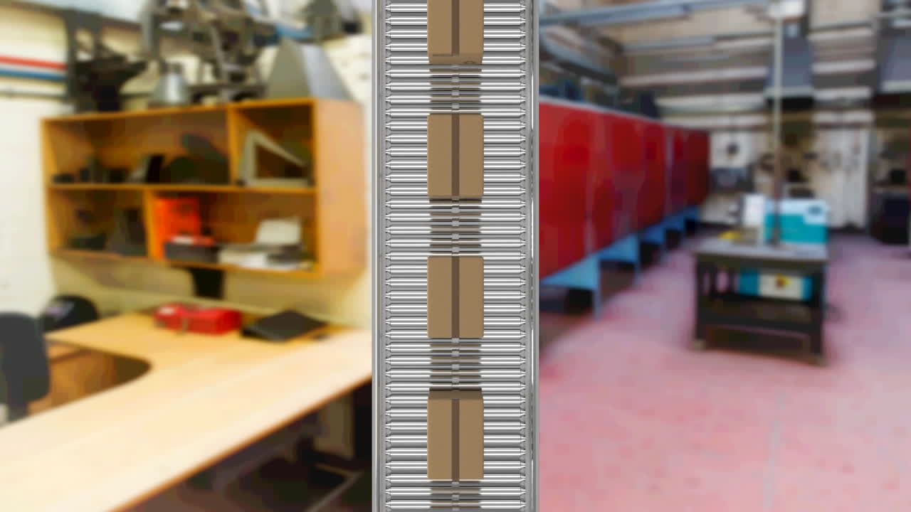 animación de cajas de cartón que se mueven en cinta transportadora en el almacén