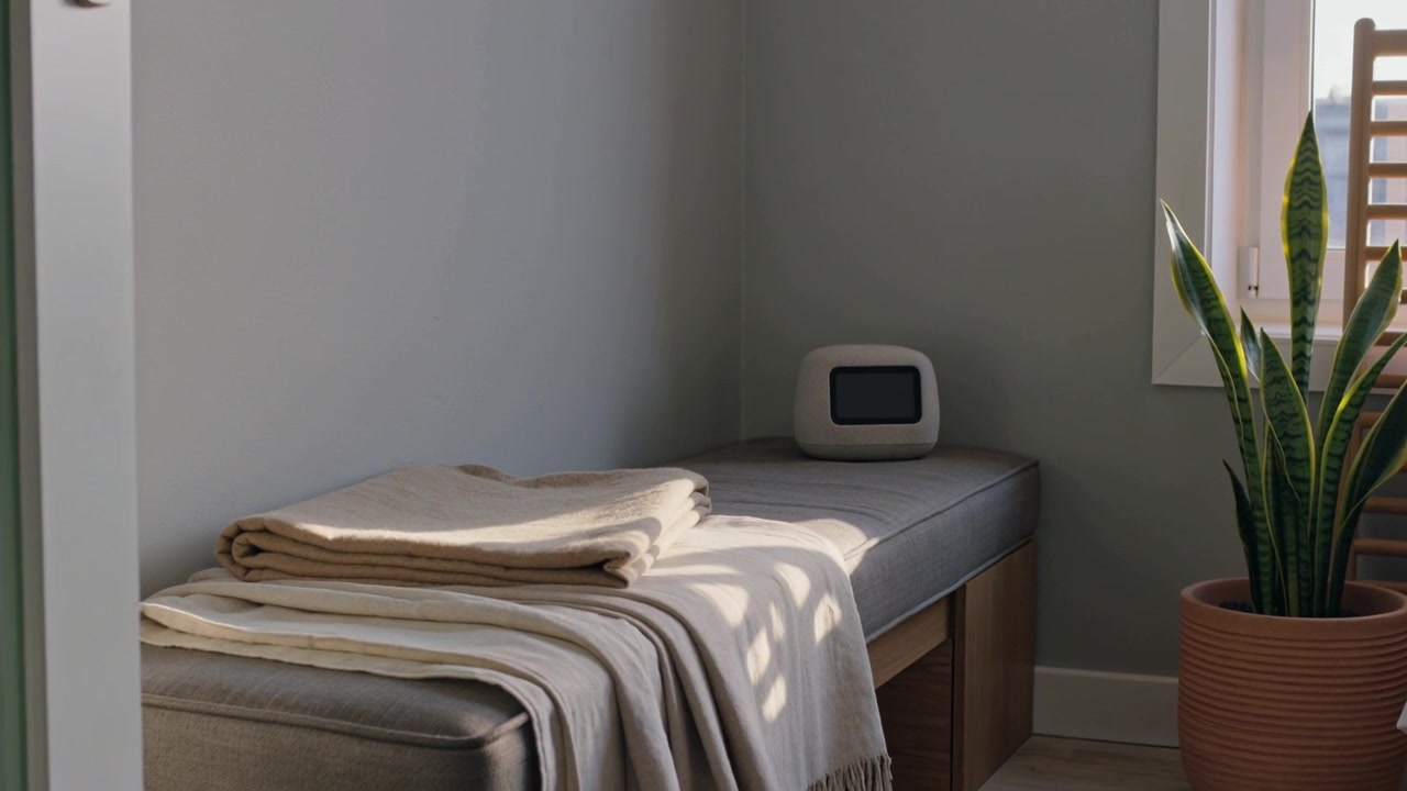 Luce proiettata attraverso persiane in movimento su una panca nell'angolo della camera da letto, mostrando coperte e un orologio.