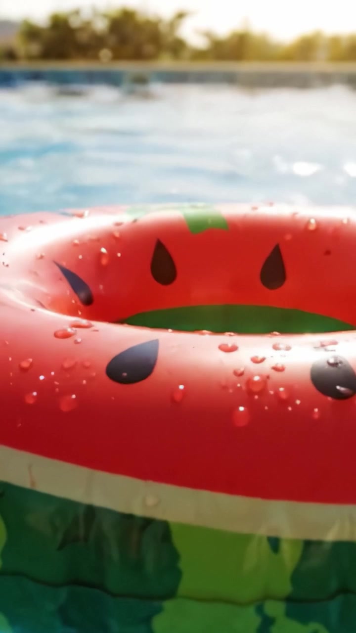 Bright Summer Days by the Pool with a Colorful Watermelon Float and Sparkling Reflections in a Refreshing Swimming Pool Environment