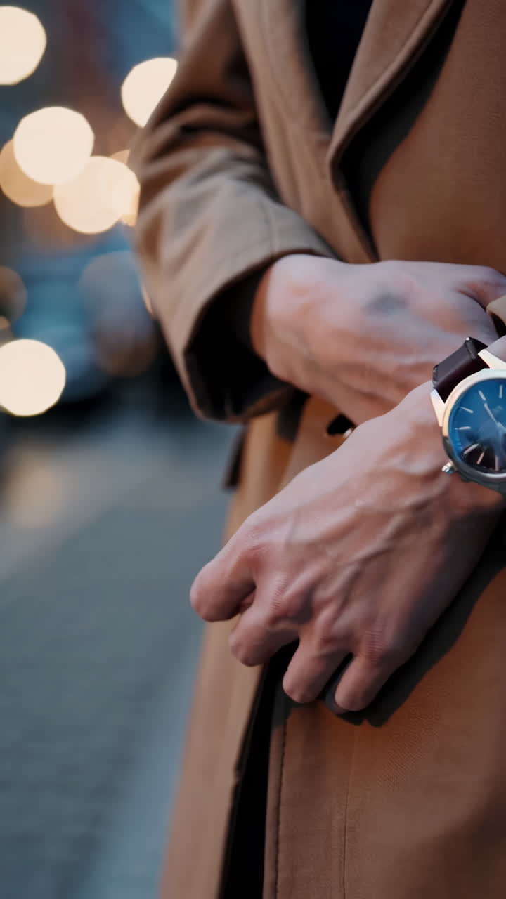 Close-up of a person's wrist wearing a watch with blurred city lights in the background