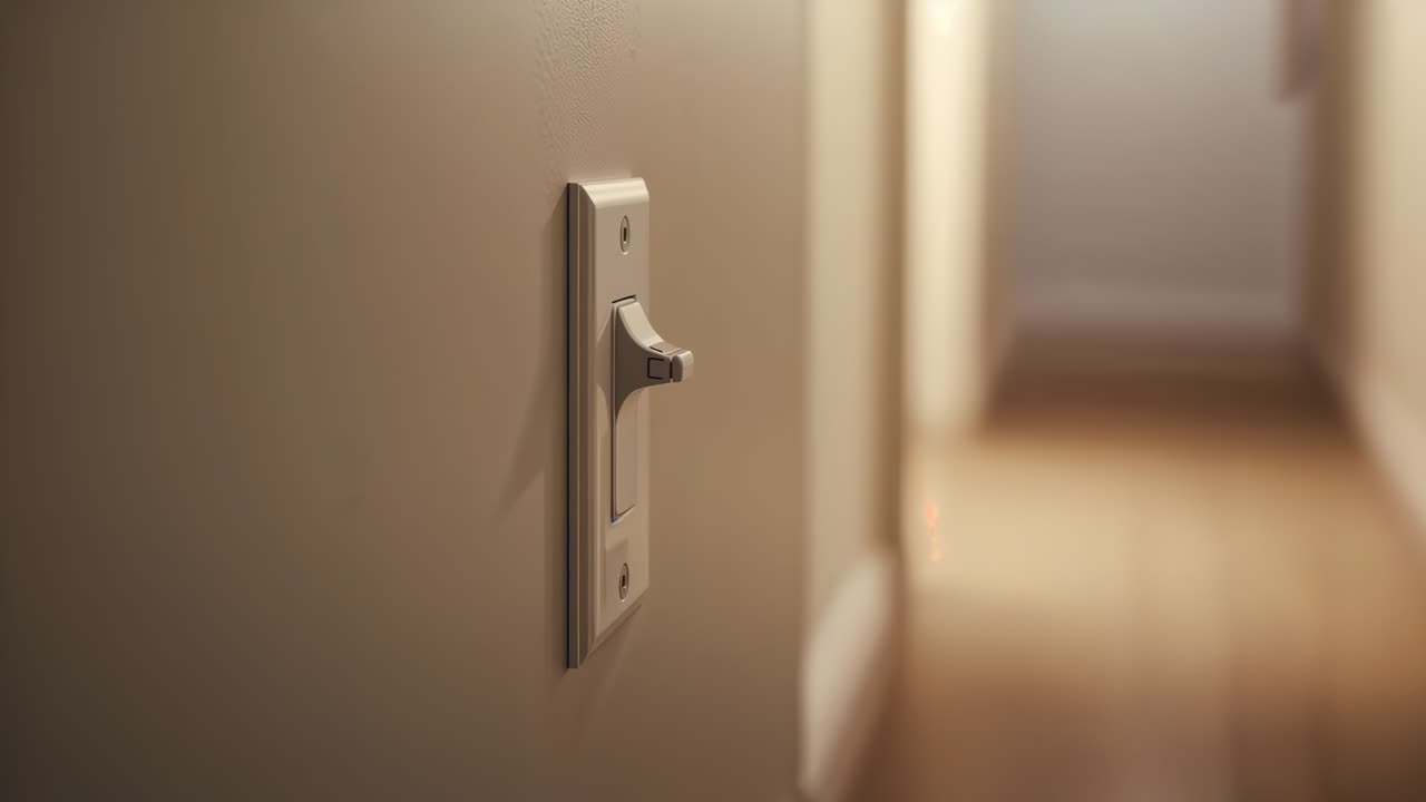 Adjusting camera capturing dimmer switch changing focus along home hallway to document, copy space