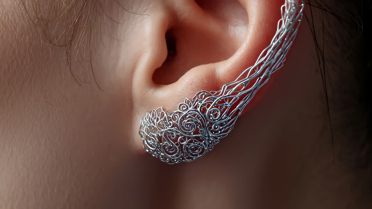 Shifting adult's head revealing ornate silver ear cuff in studio close-up, filigree catching light