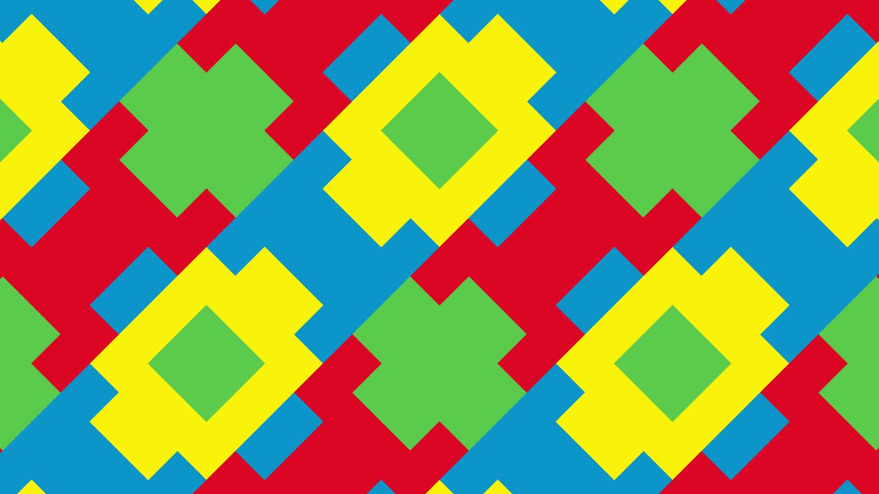 patrón geométrico con azulejos animados en colores primarios audaces. fondo gráfico de movimiento en un diseño plano. formas multicolores abstractas en mosaico dinámico mínimo