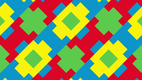 patrón geométrico con azulejos animados en colores primarios audaces. fondo gráfico de movimiento en un diseño plano. formas multicolores abstractas en mosaico dinámico mínimo