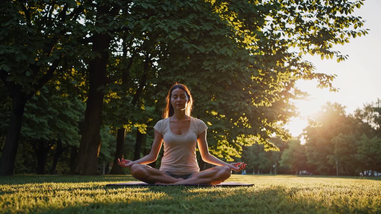 A serene video of a woman meditating in a park at sunset. Shot from a low angle