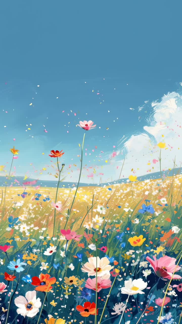 Vibrant wildflowers under a clear sky, captured from a low angle, perfect for a nature video
