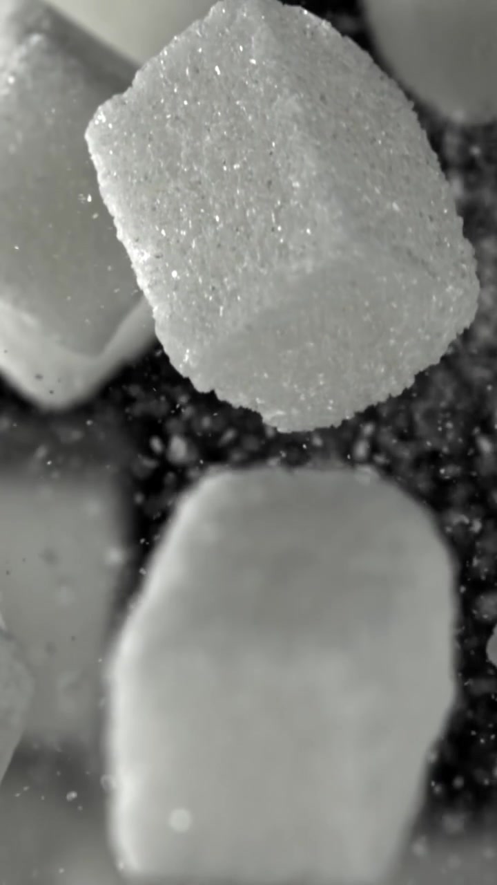 Macro inquadratura di zollette di zucchero scintillanti che fluttuano su sfondo nero