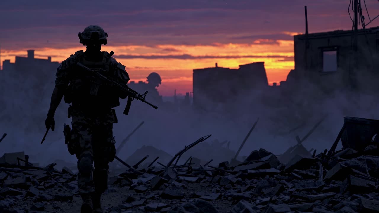 soldado en una ciudad devastada por la guerra al atardecer