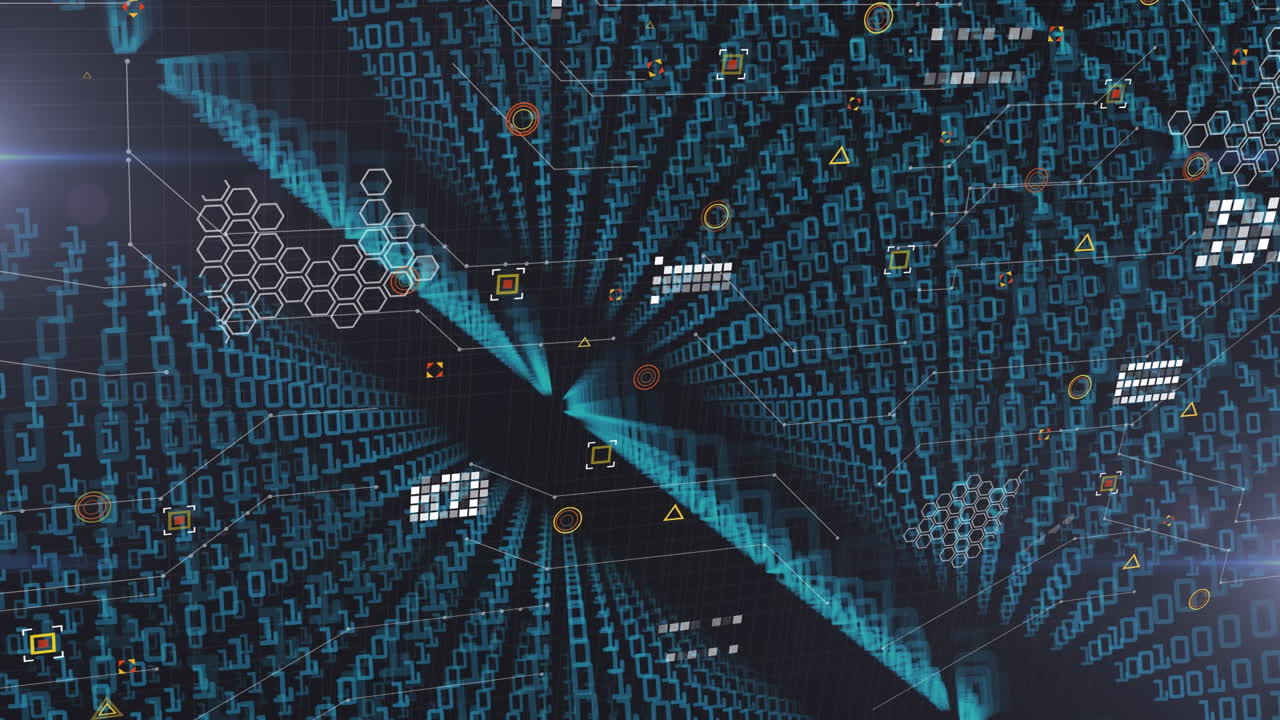 Animation of network of connections over data processing on black background