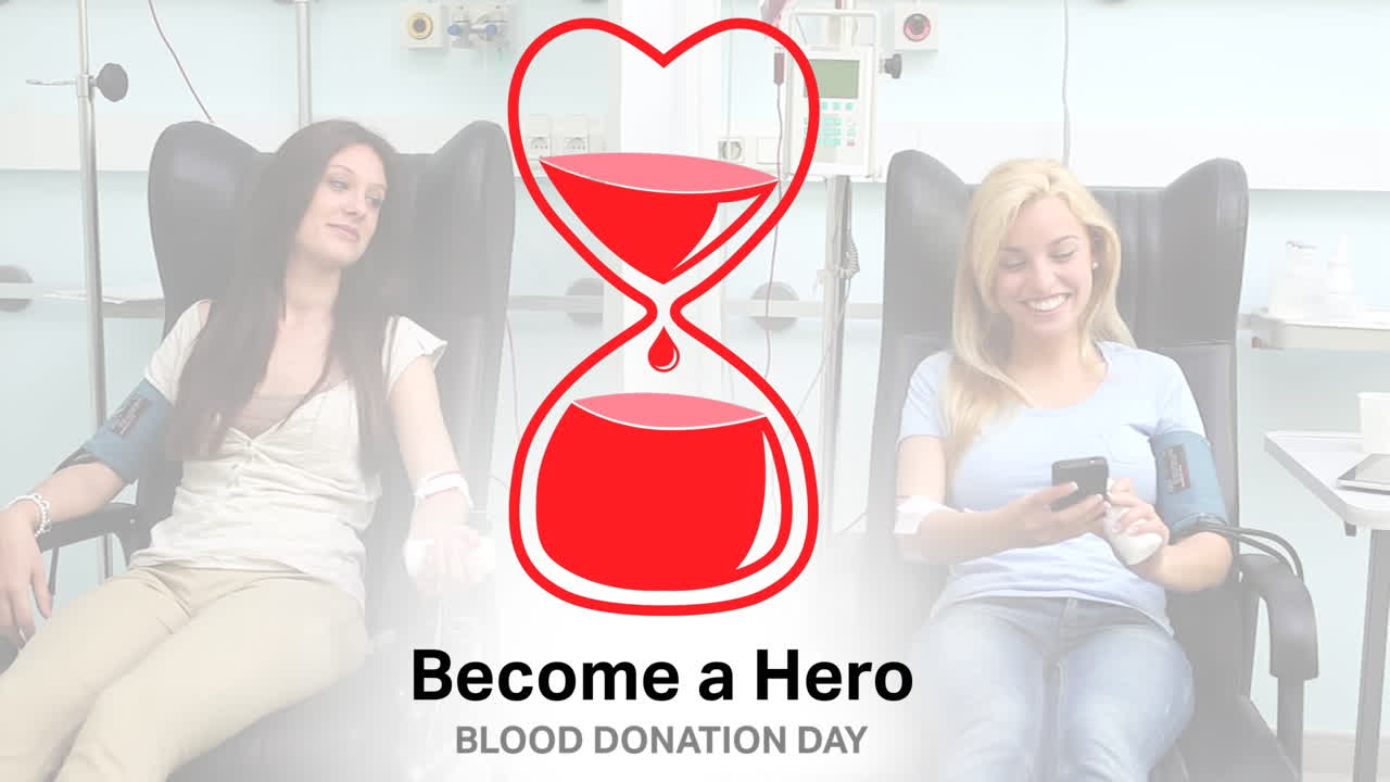 심장 모양의 애니메이션 혈액 봉투와 웃는 백인 여성 환자에 대한 영웅 텍스트가됩니다.