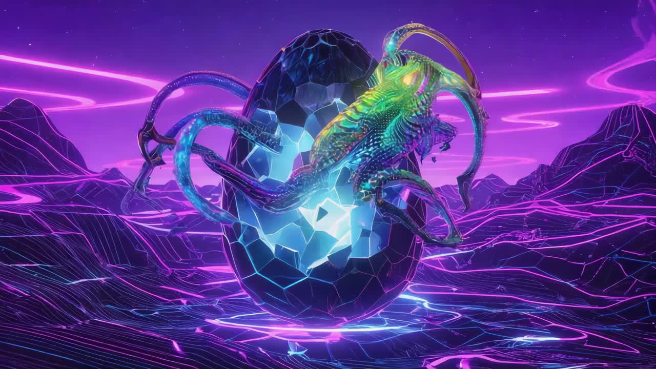 Alien Creature Hatching from a Futuristic Egg