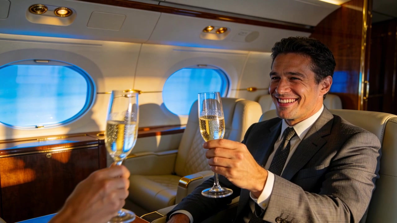 Mani che portano flûte pieni, uomo in completo che brinda su jet privato festeggiando un affare, spazio per il testo