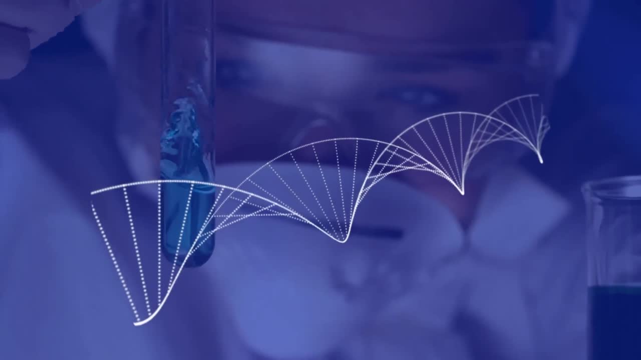 Animation of spinning dna strand over scientist in laboratory