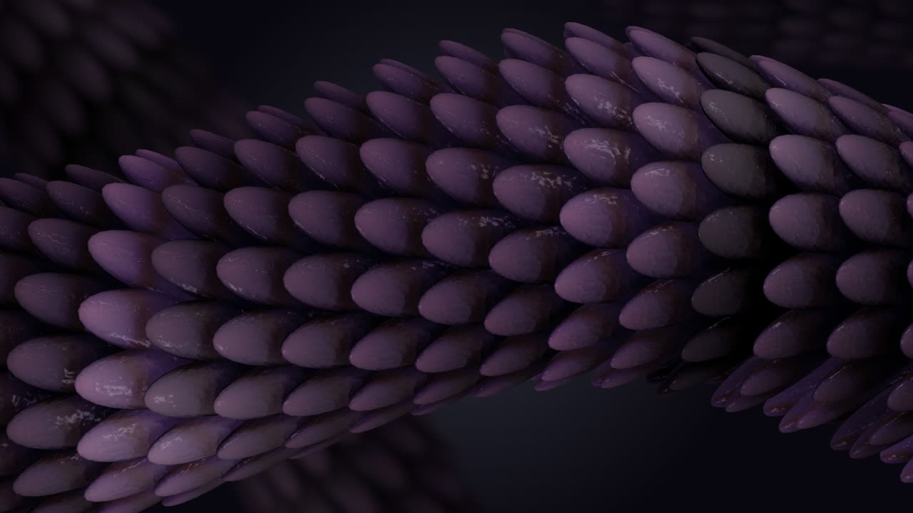 Abstract fantasy background with purple dragon tail moving. Shiny reptile scales texture. 3D loop animation