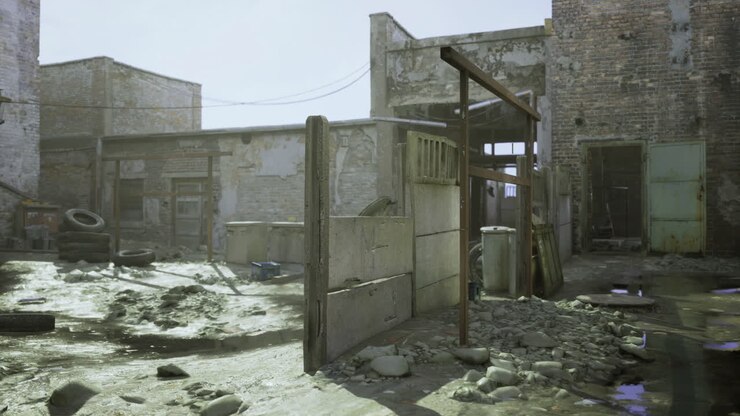 Deterioro urbano con edificios abandonados y escombros en una zona en ruinas
