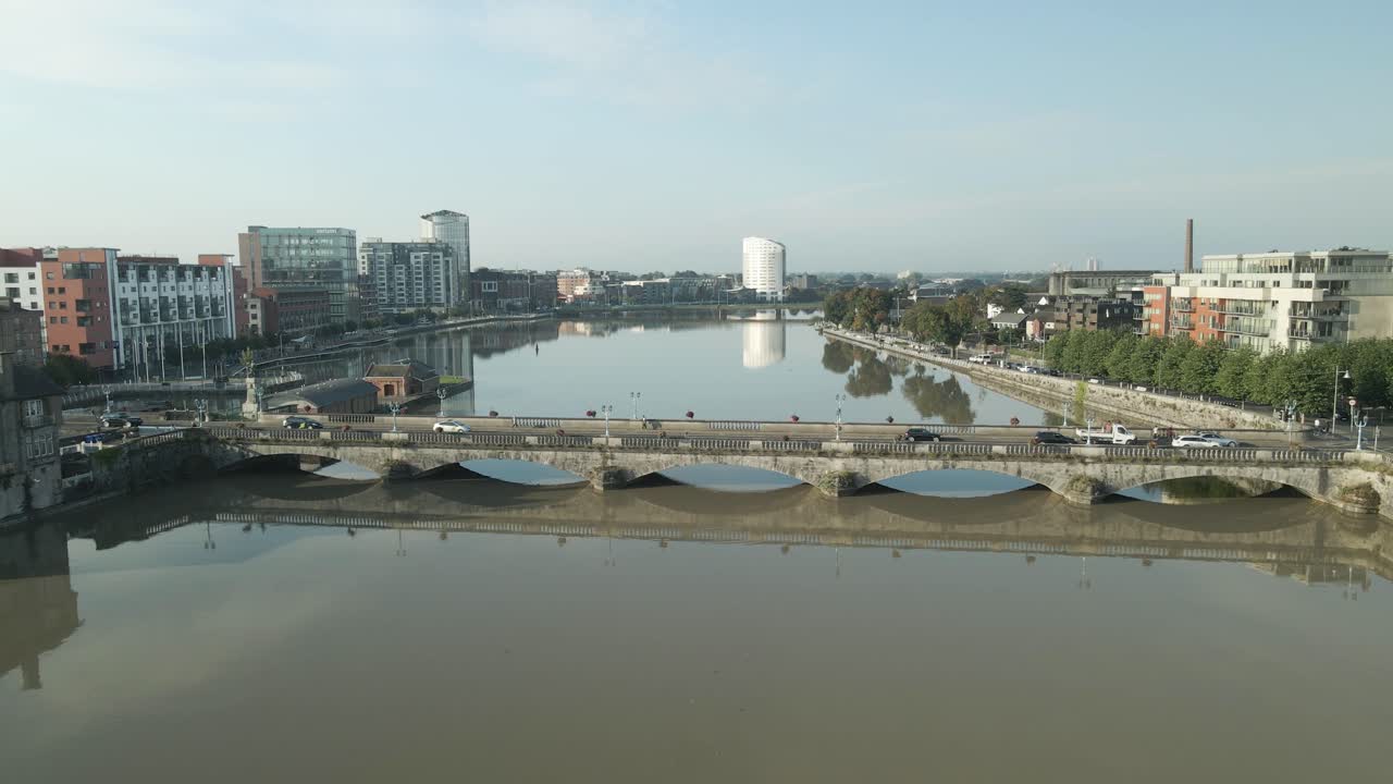 Scenic View Of Sarsfield Swivel Bridge Over River Shannon During Sunrise In Limerick, Ireland. Aerial Shot