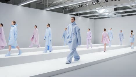 a stunning fashion showcase featuring models in ethereal light blue and soft pink attire strutting elegantly on a minimalist runway, highlighting contemporary design aesthetics