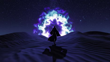 a figure approaches a glowing portal in the desert at night