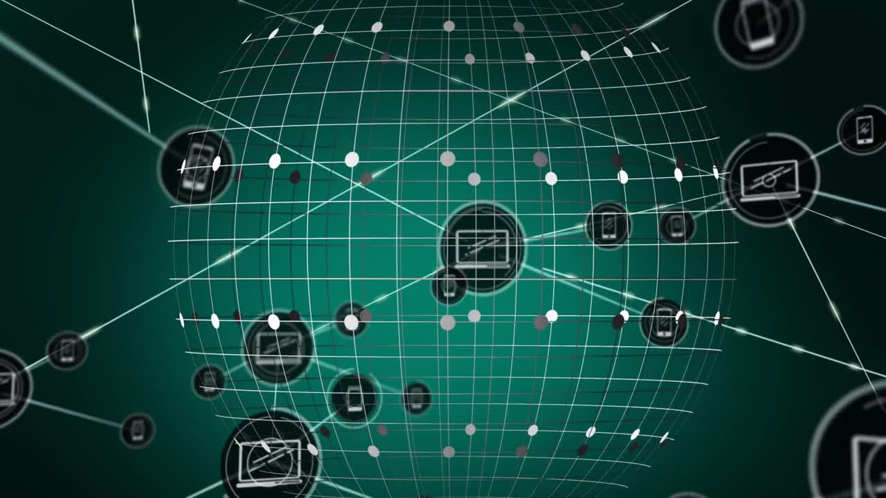 animación de una red de iconos digitales sobre un globo giratorio contra un fondo verde