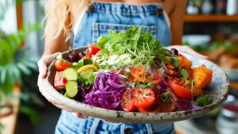 una mujer sosteniendo un plato de verduras frescas en sus manos