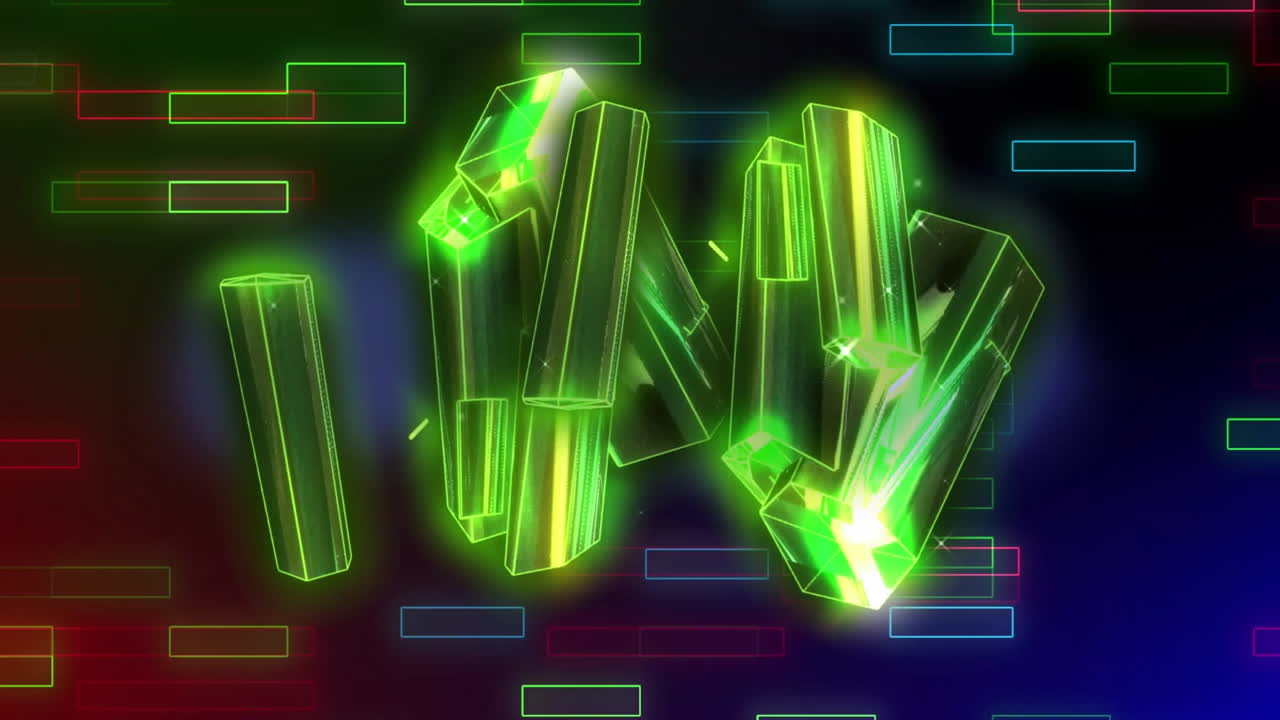 Animation of glowing green crystals with colorful patterns on dark background