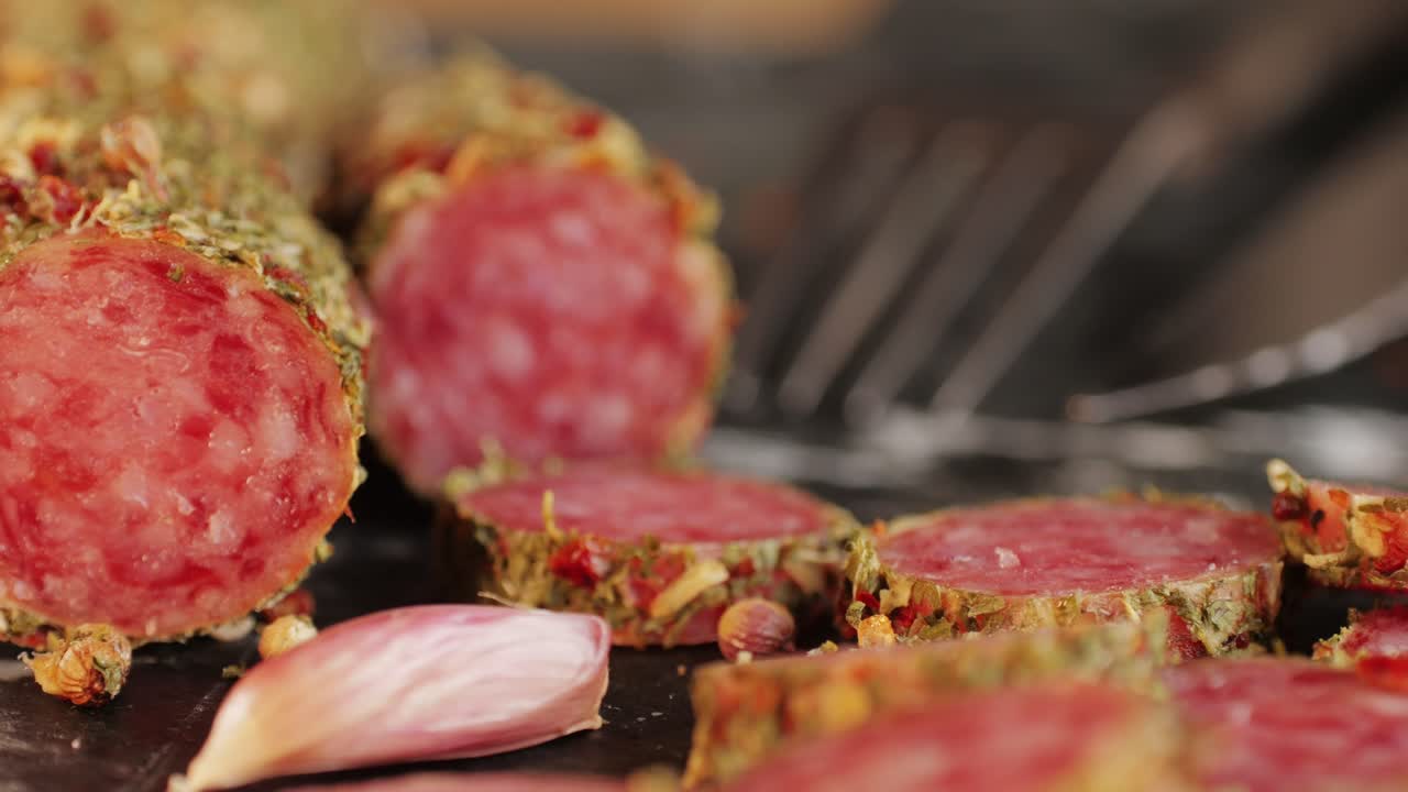 Mix of spanish pork sausages, Cutting board of appetizing catalonian snack - fuet, jamon, chorizo, olives, supermarket tapas food in spain, traditional cuisine.