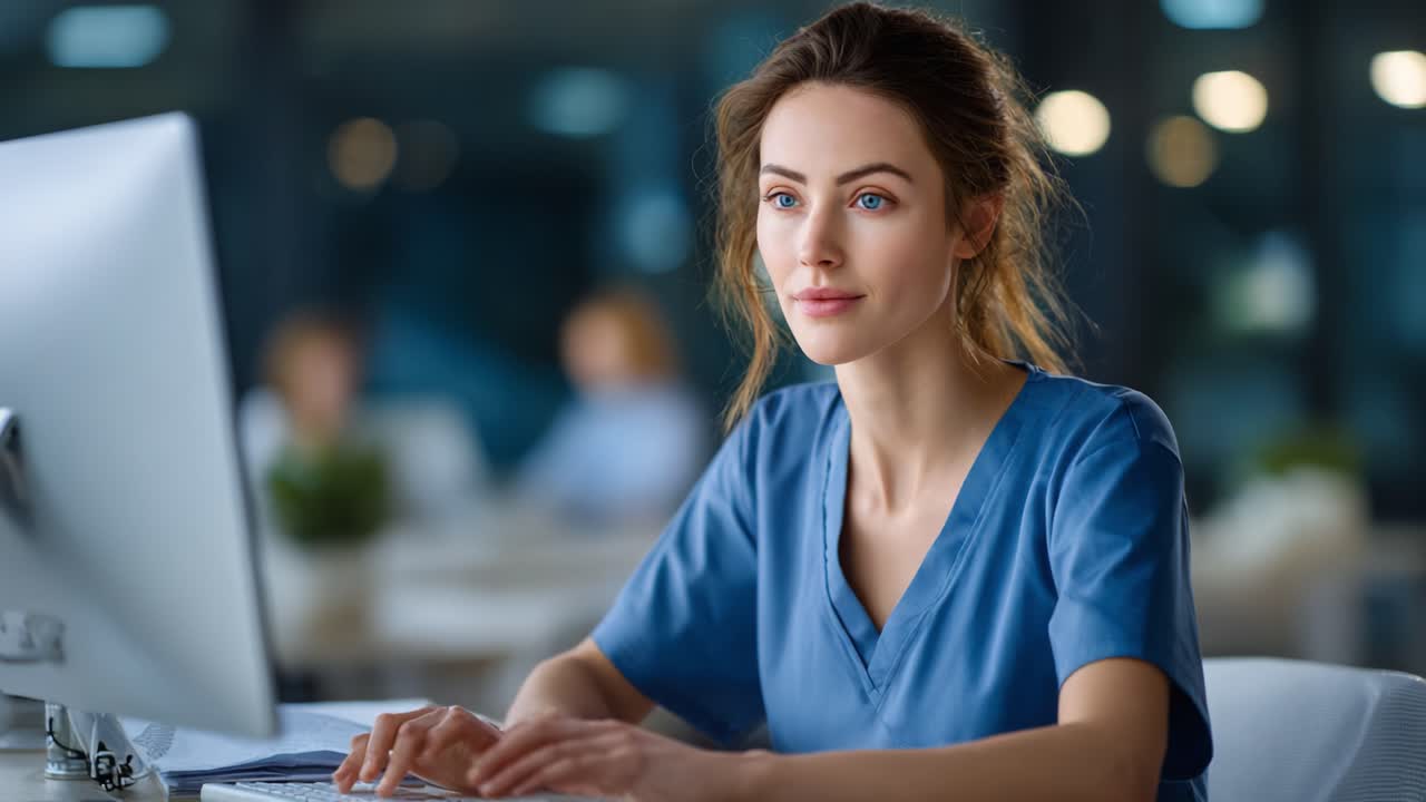 Focused Professional in Medical Scrubs Engaging with Computer, Displaying Concentration and Dedication in a Modern Healthcare Environment with Blurred Backgrounds