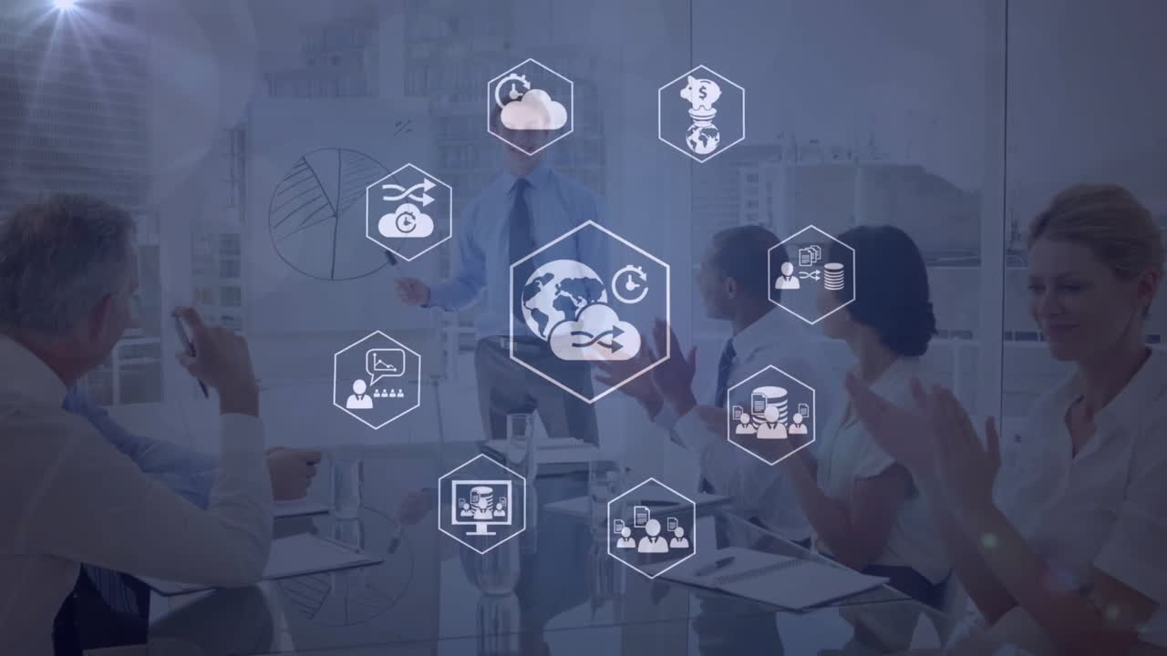animación de iconos y procesamiento de datos financieros sobre diversas personas de negocios en la oficina