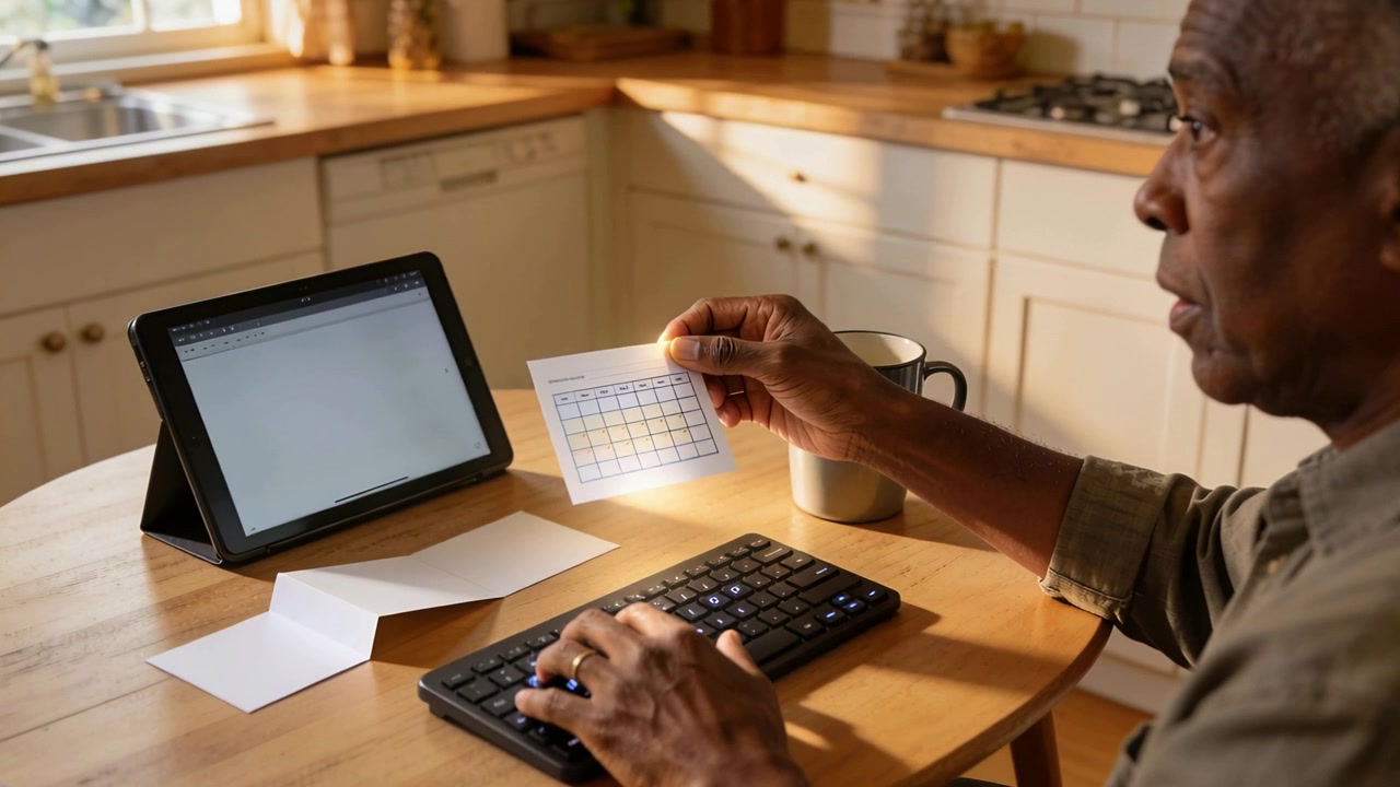 Holding calendar card, senior man in shirt typing on tablet with keyboard, scheduling, copy space