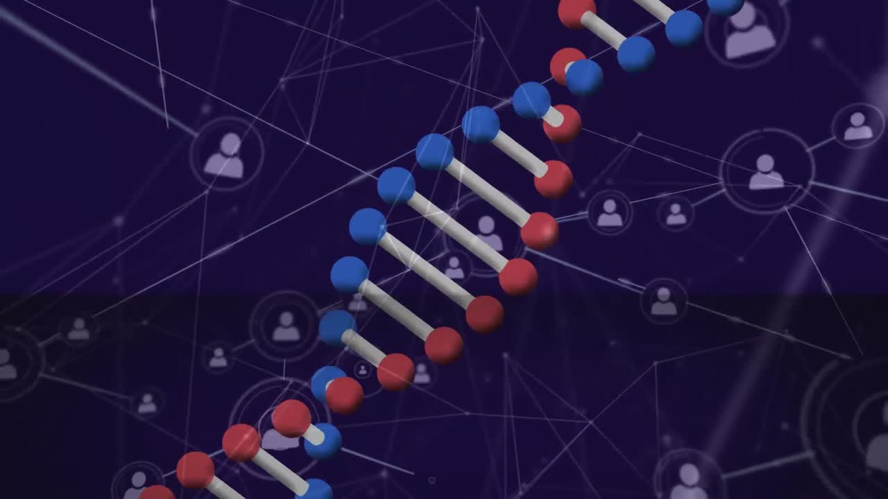 Animation of rotating 3d dna strand over network of connected people icons