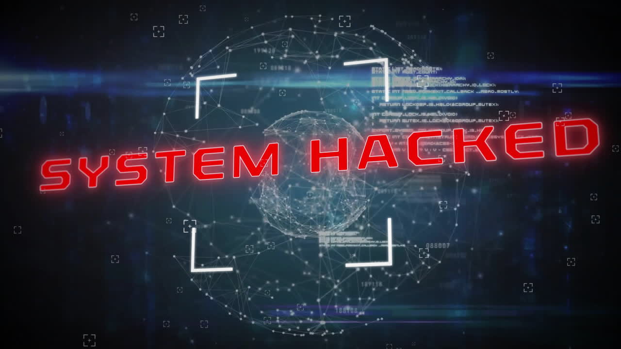 Animation of system hacked text and data processing over globe