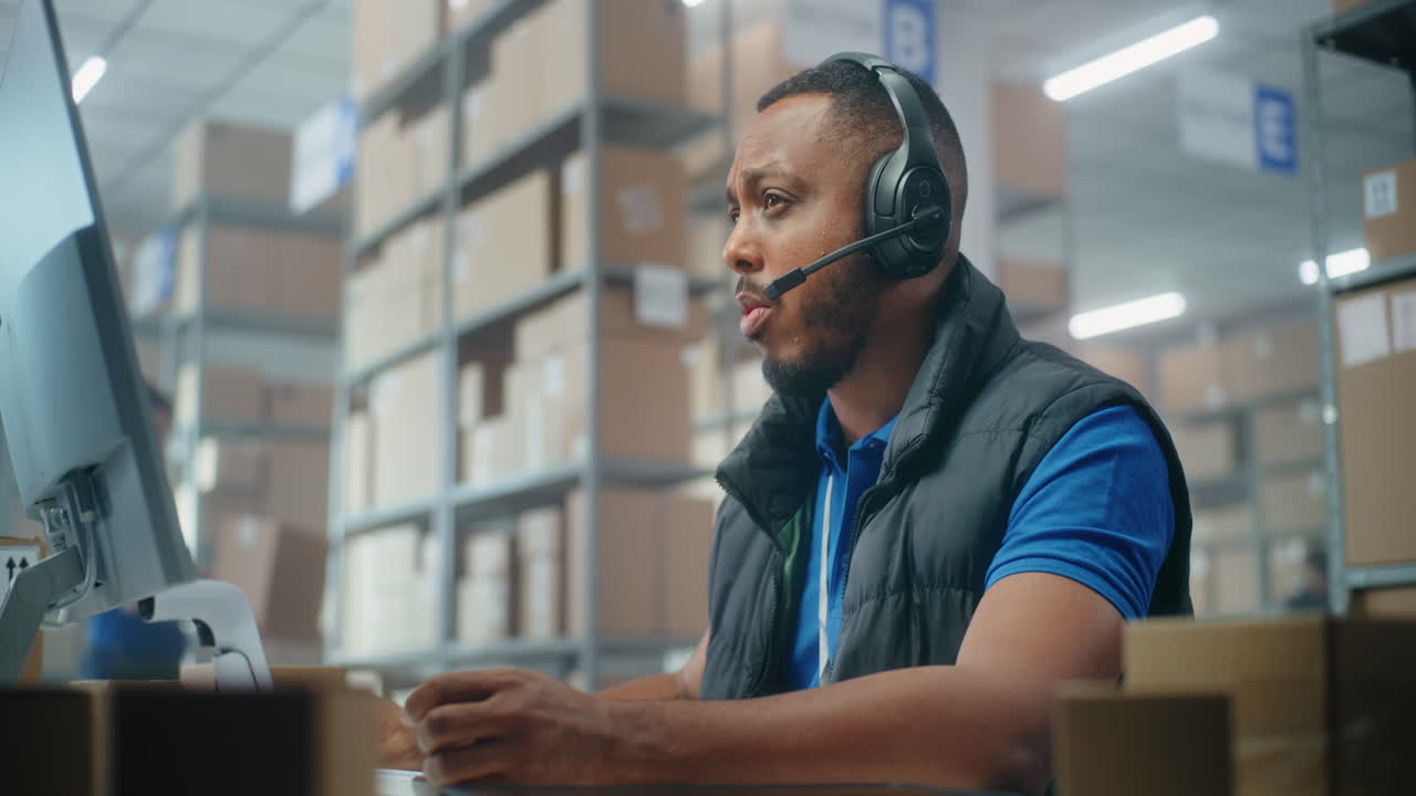 Warehouse Worker on a Phone Call