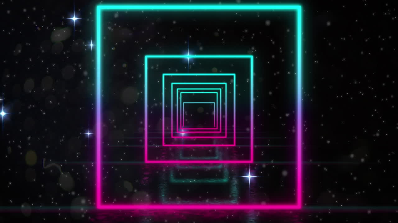 Animazione digitale di quadrati al neon colorati in movimento continuo e stelle scintillanti su sfondo nero