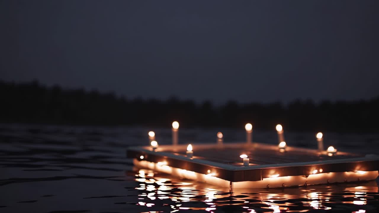 Several lit candles casting a warm glow illuminate a small wooden dock, floating gently on a calm lake at dusk, evoking a tranquil and peaceful atmosphere perfect for relaxation