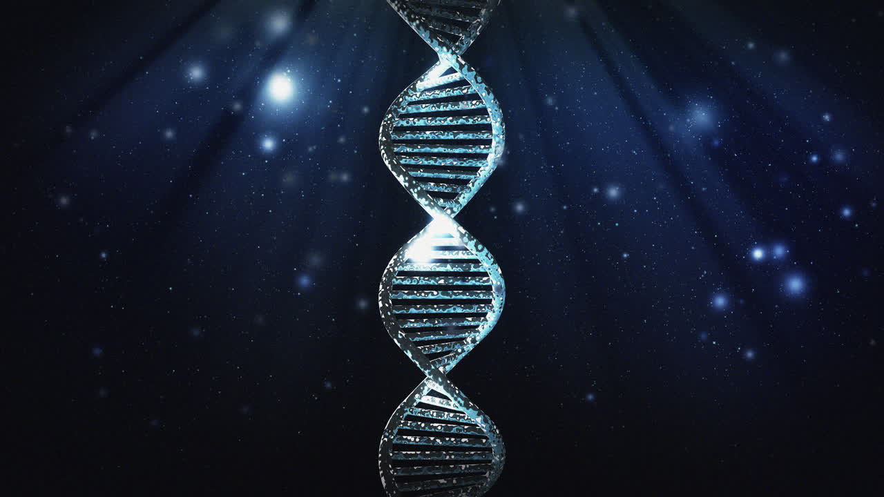 fondo de animación giratoria de estructura de adn artístico con partículas blancas y luz