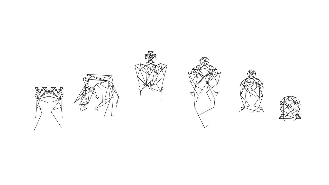 추상적인 체스 와이어 프레임 다각형 검은색 프레임 구조, 비즈니스 전략 개념 디자인, 색 배경에 고립 된 일러스트레이션, 코피 스페이스와 함께 4k 원활한 루핑 애니메이션