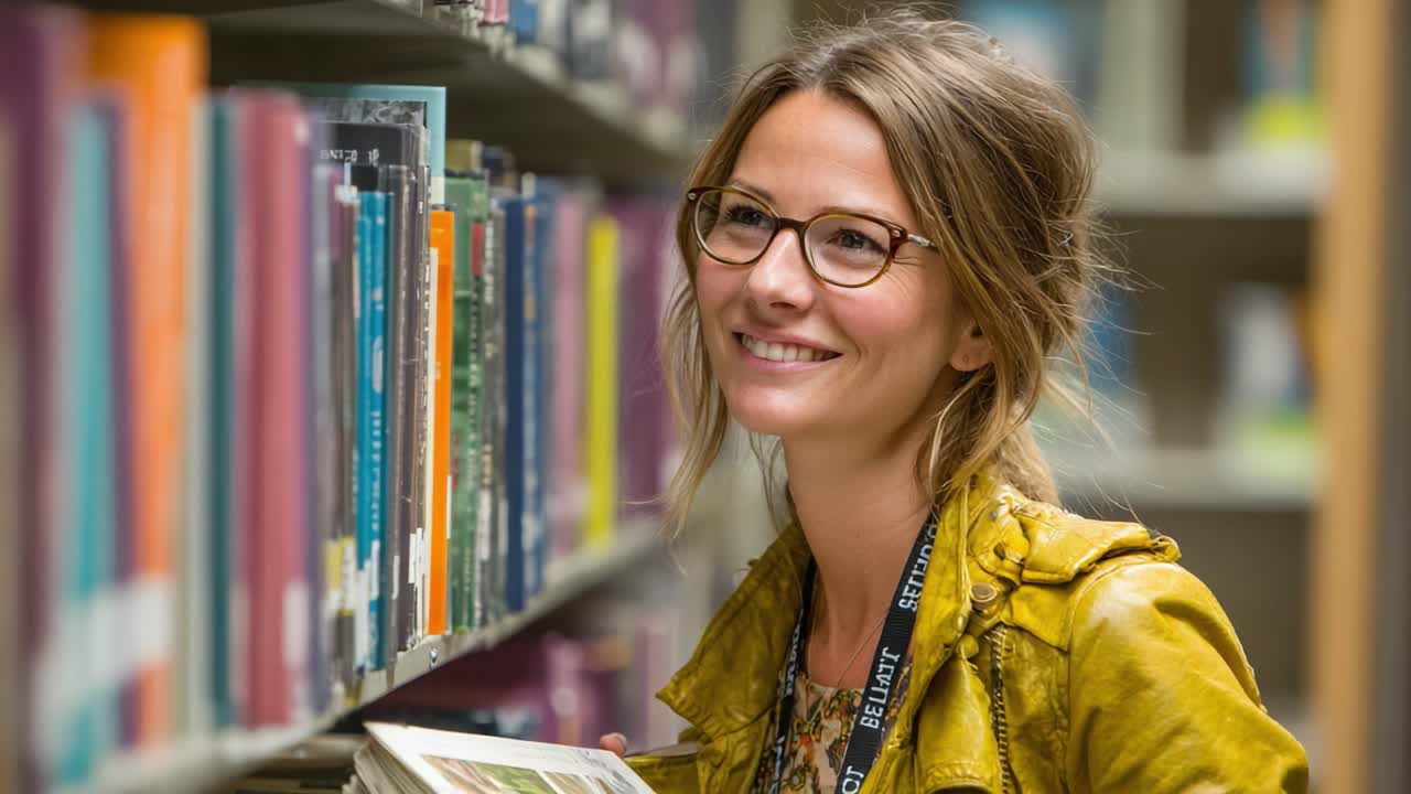A Warm Smile in the Library: A Young Woman Browsing Through Books Amidst Colorful Shelves, Showcasing Her Love for Reading and Learning