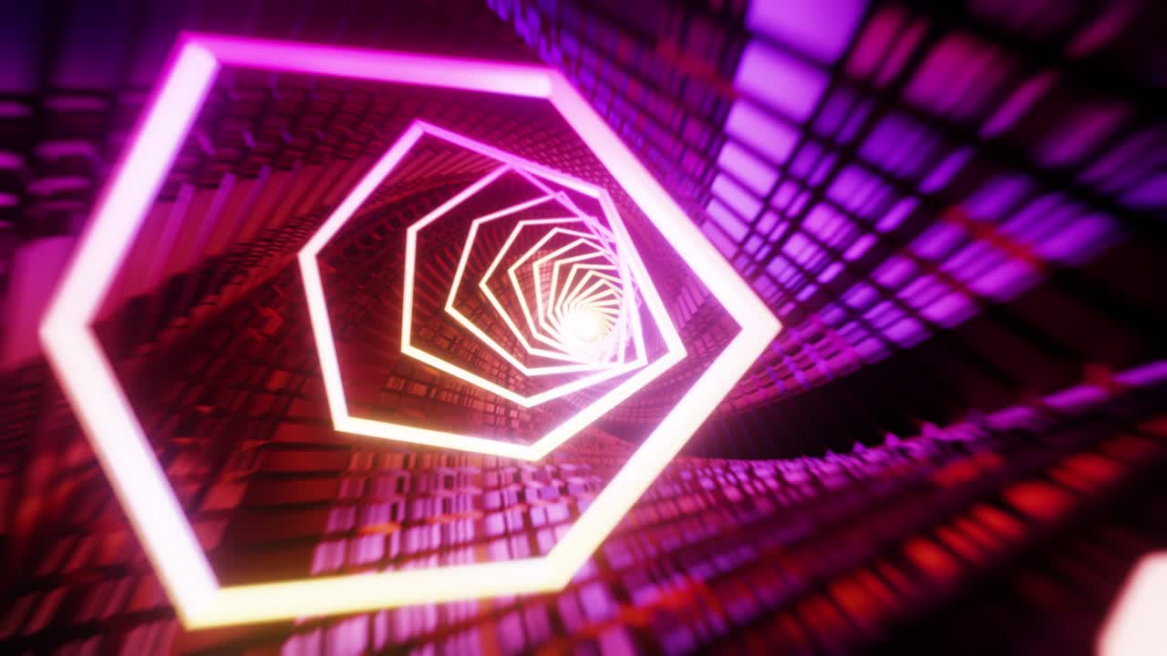 Volo attraverso un tunnel triangolare con luci al neon. Animazione in loop infinito.