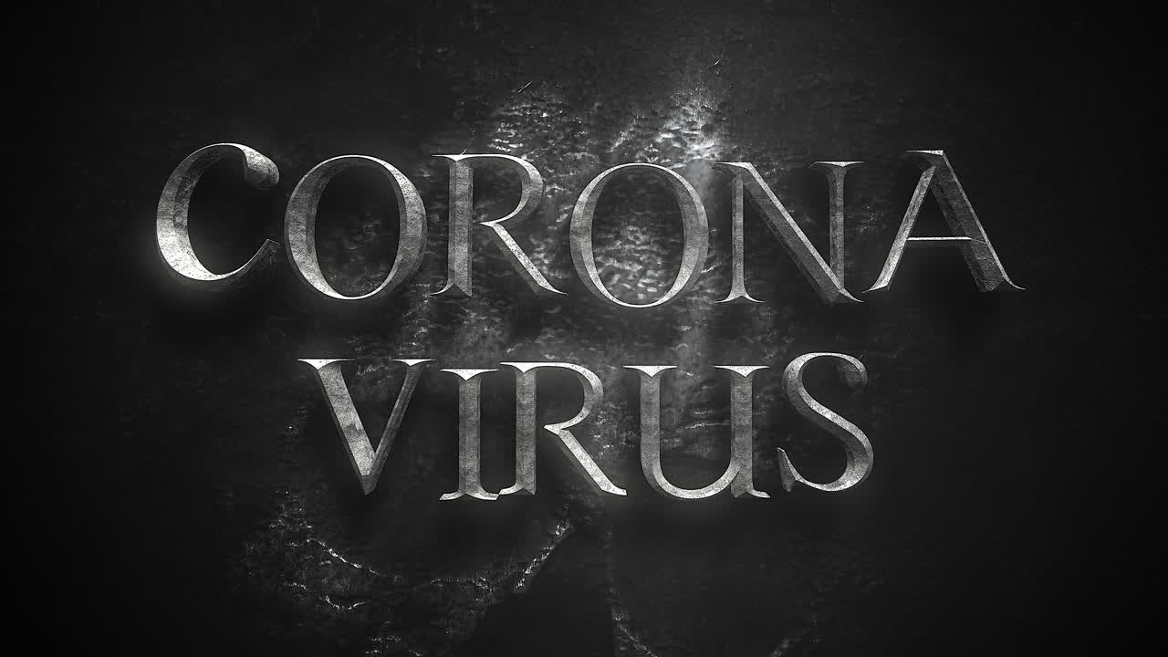Testo animato in primo piano Coronavirus e sfondo mistico e horror con teschio scuro 1